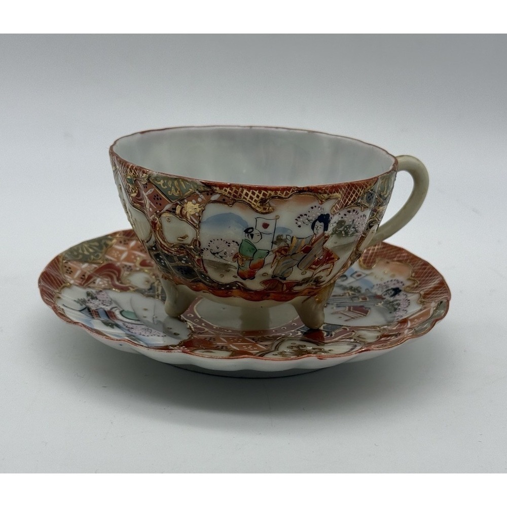Antique Japanese Satsuma Porcelain Intricate Hand-Painted Cup & Saucer Set